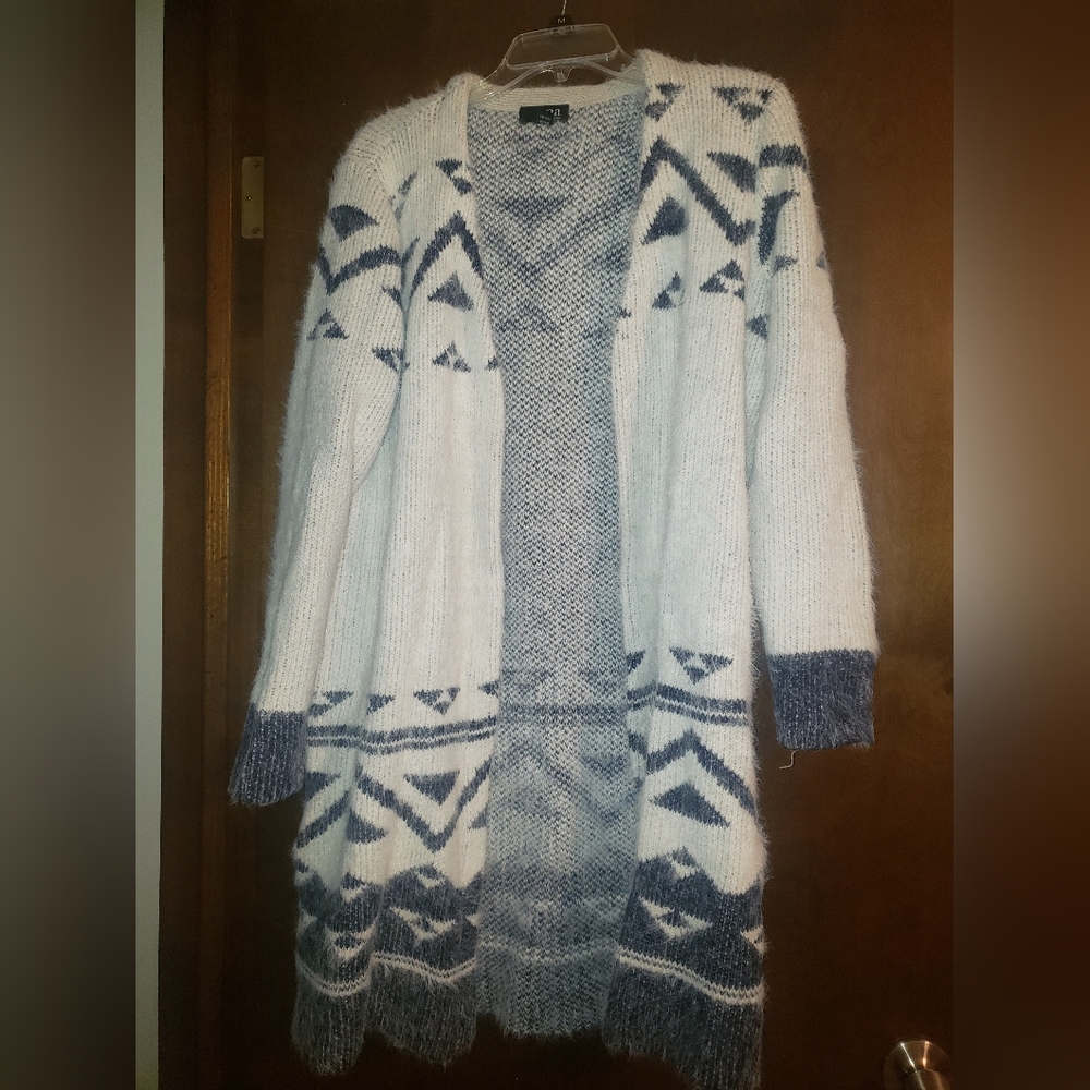 Medium Ana cardigan sweater.  Blues, greys and white.